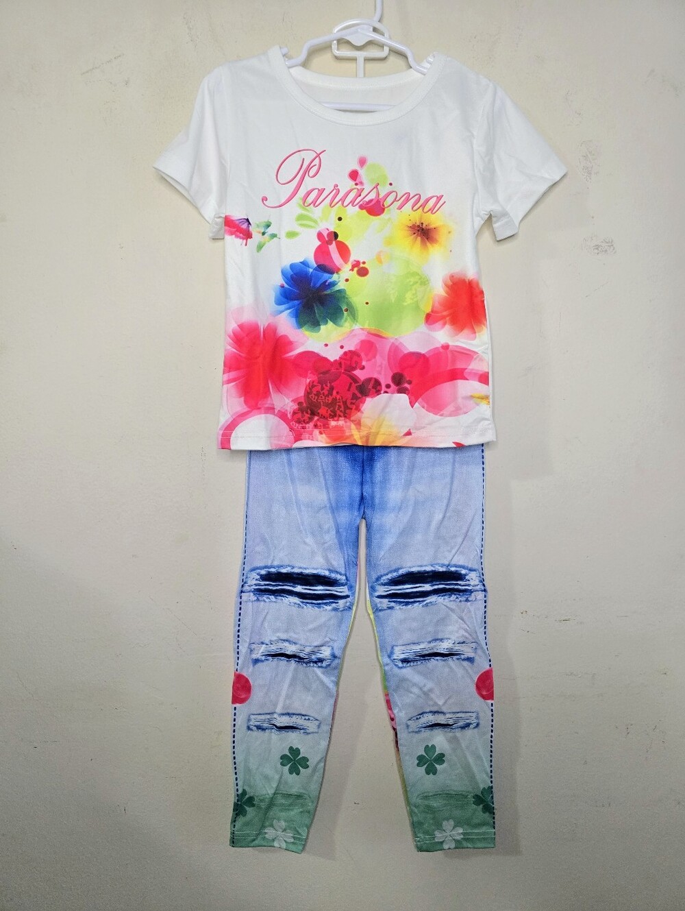 Parasona Kids 2 Piece Outfit Floral Graphic Tee Faux Denim Leggings Size 110 NWT